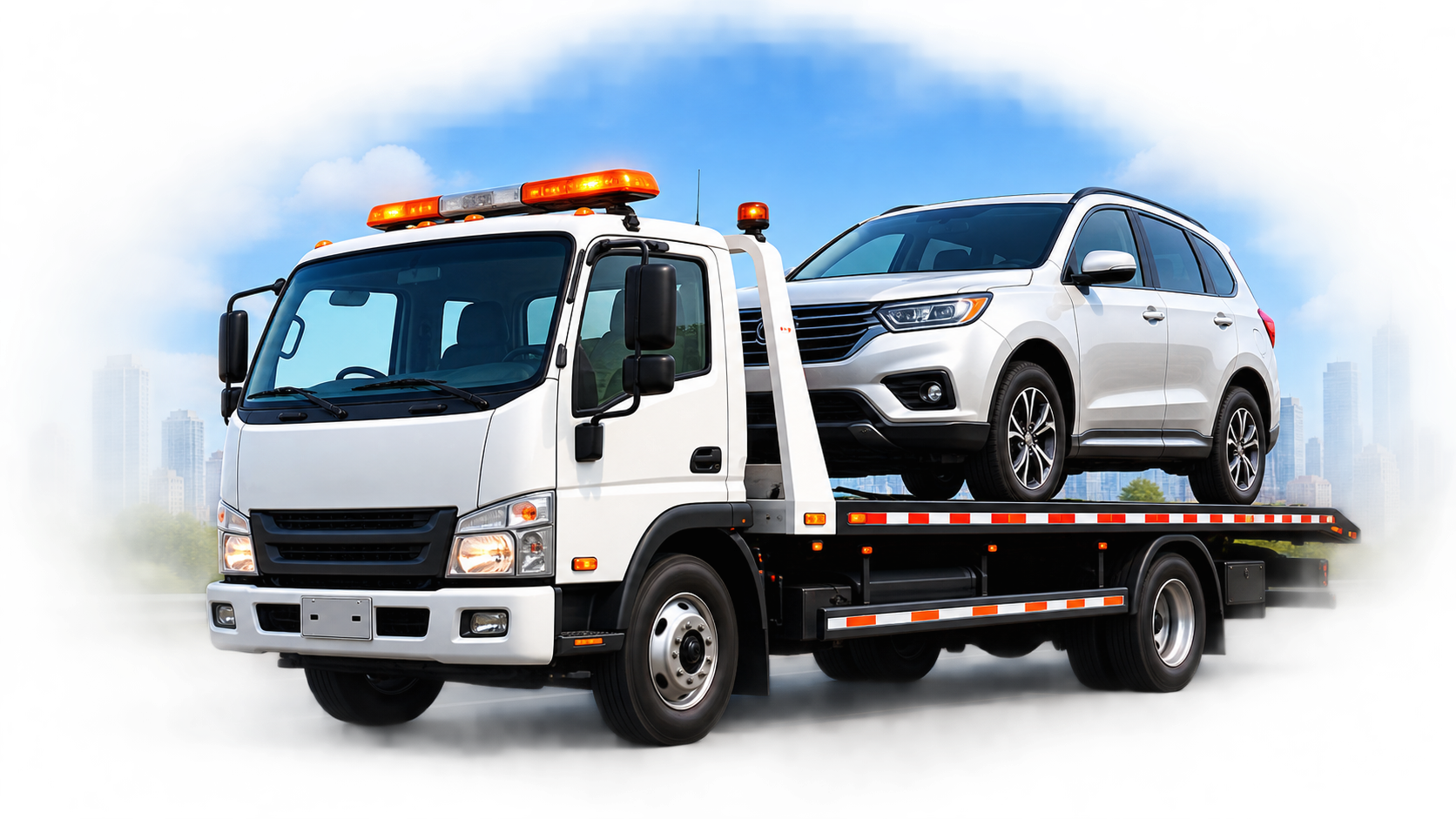 Am Pm Car Towing Services flatbed tow truck carrying an SUV